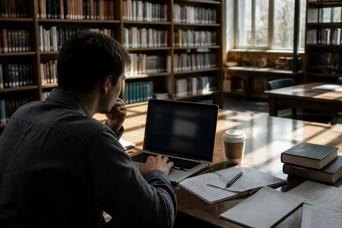 A person engaged in research on dark web links in a serene library setting.