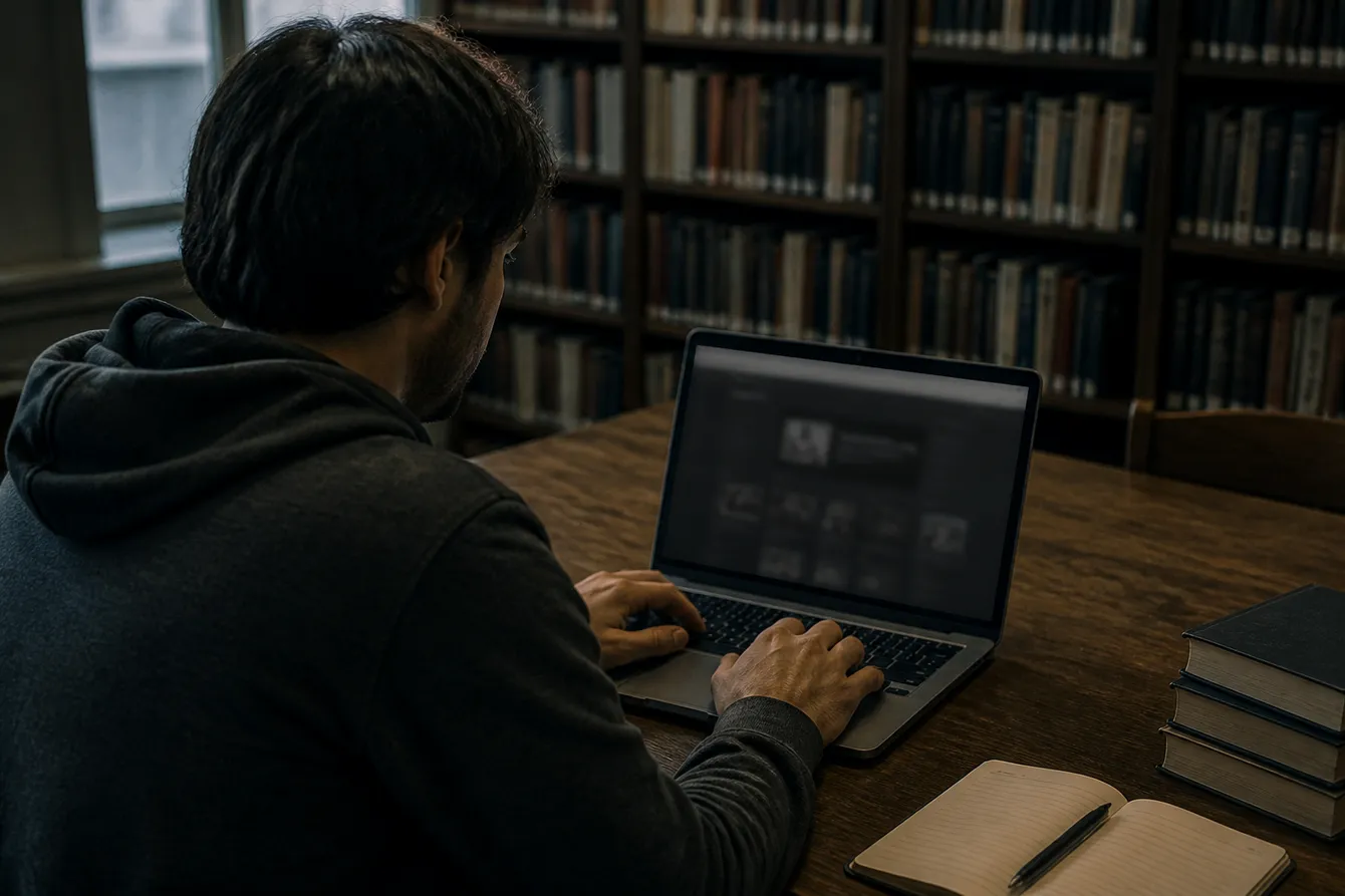 A person studying Tor websites on a laptop in a serene library setting.