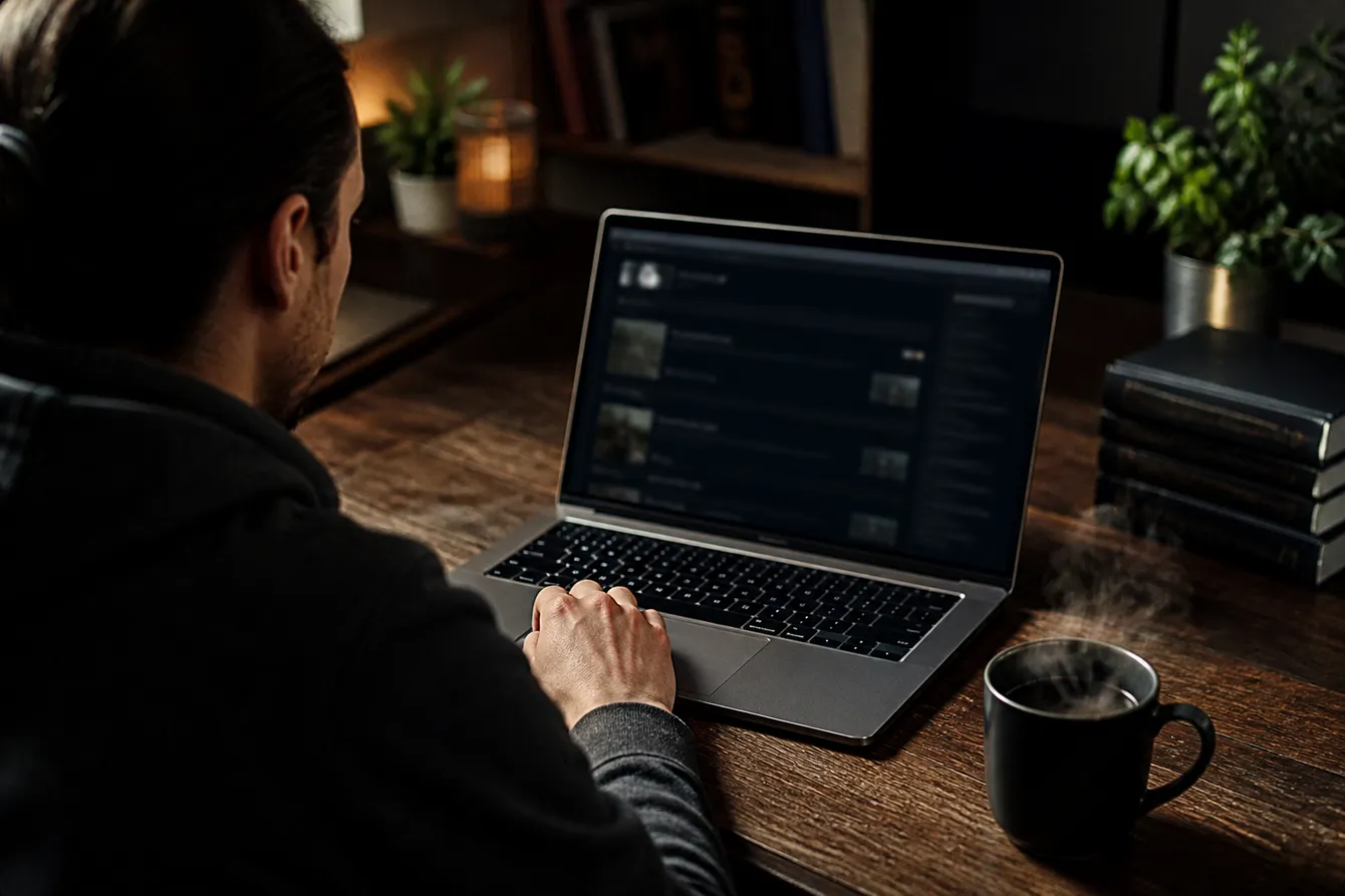 A person in a cozy home office using a laptop to explore dark web forums safely, surrounded by books and a coffee cup.