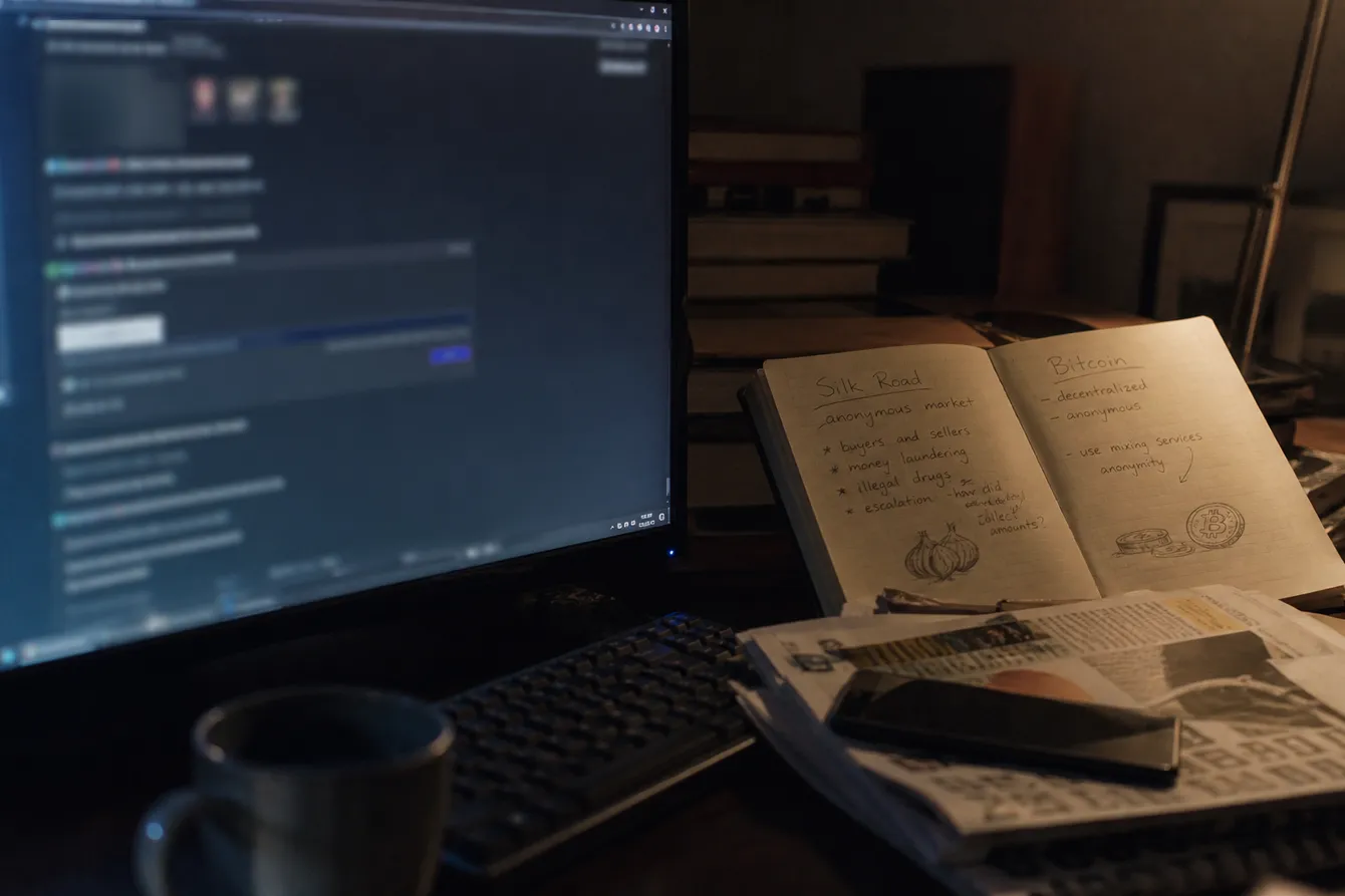 A close-up of a desk with dark web references, highlighting the historical significance of Silk Road links.