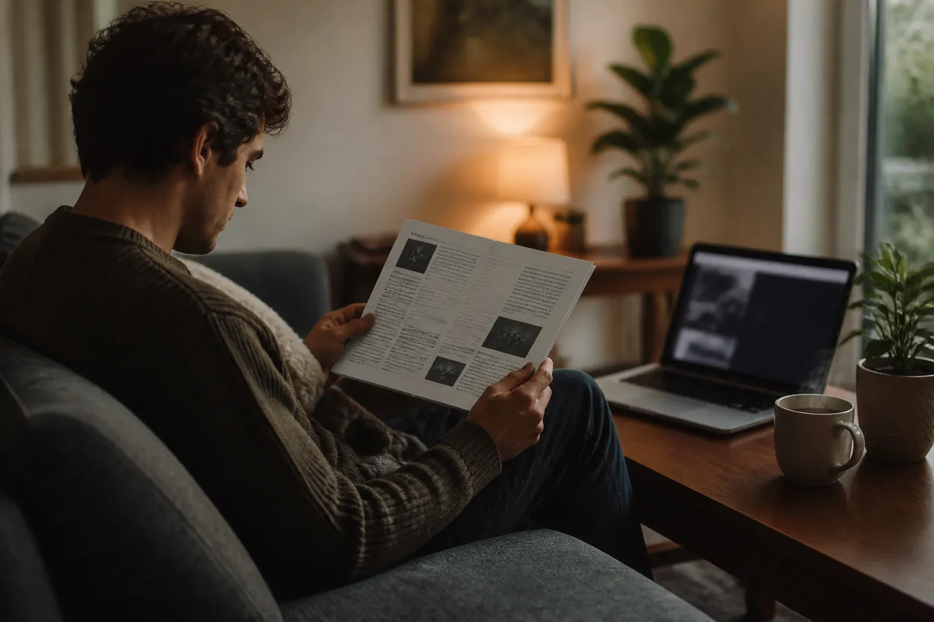 A person exploring a printed guide for safe dark web navigation in a cozy living room setting.