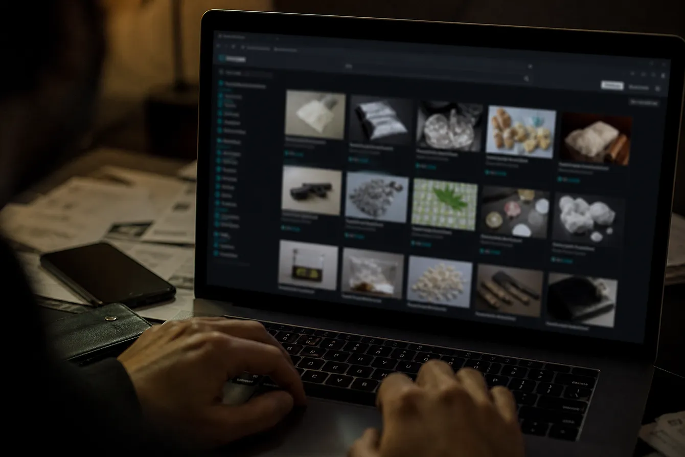 A laptop showing a dark web marketplace interface in a dimly lit room, capturing the essence of online anonymity.