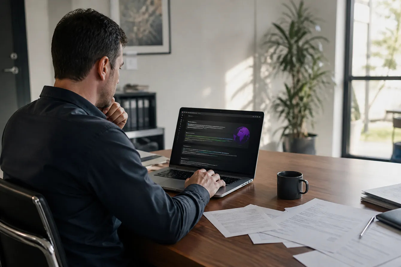 A person in a modern office using a laptop to navigate dark web search engines safely.