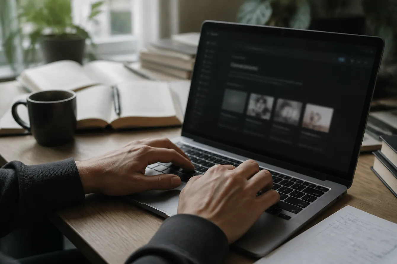 A person analyzing dark web search engine links on a laptop at a desk with books and coffee.