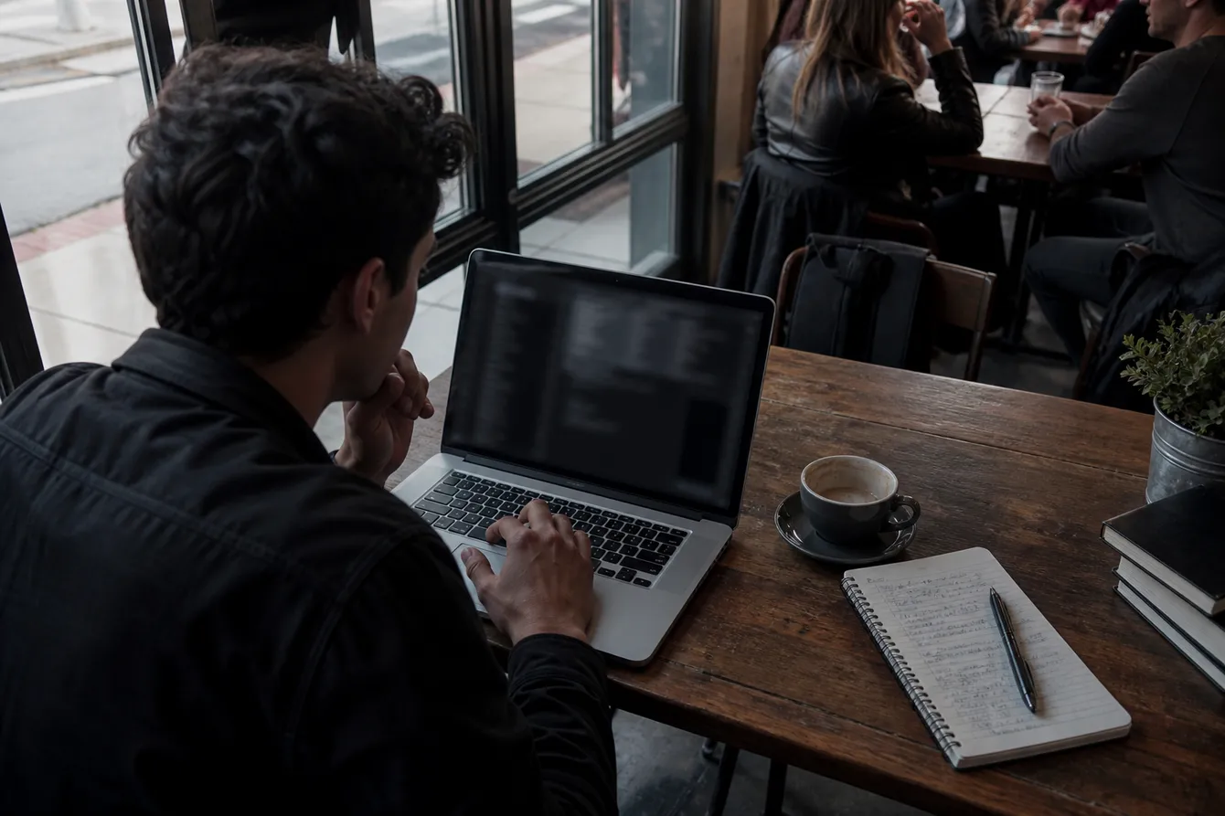 A person using a laptop in a cafe, exploring the Candle dark web search engine.