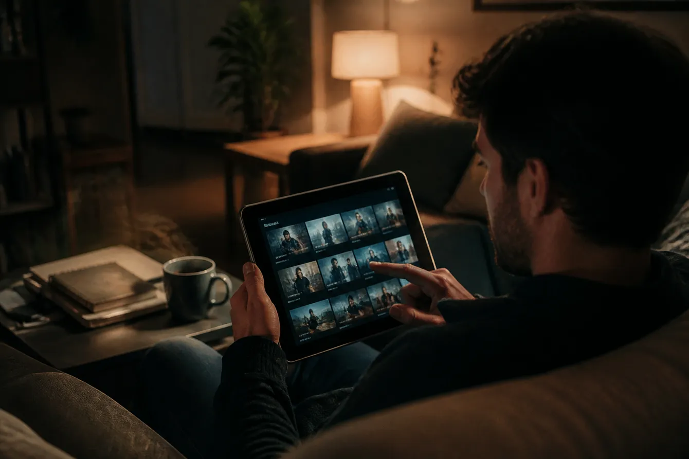 A person in an urban apartment reviewing dark web series on a tablet, surrounded by notebooks and coffee.