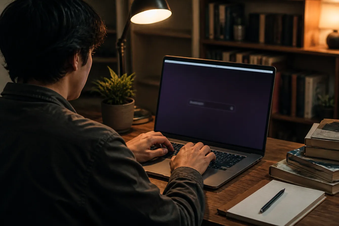 A person configuring Tor Browser on a laptop in a cozy, well-lit room with books and a plant.