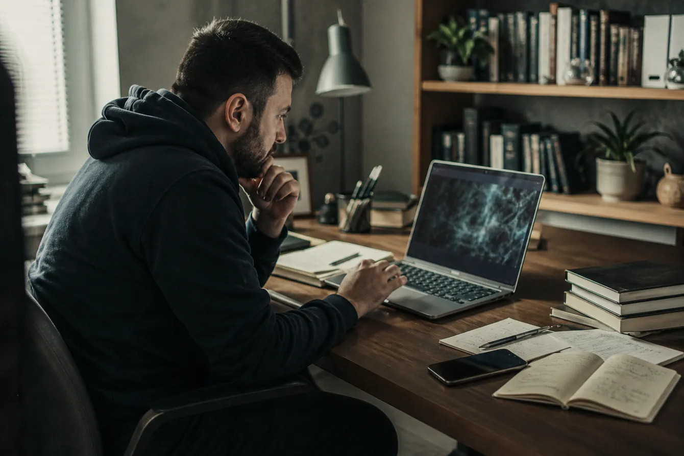A person carefully reviewing dark web search results on a laptop in a cozy workspace.