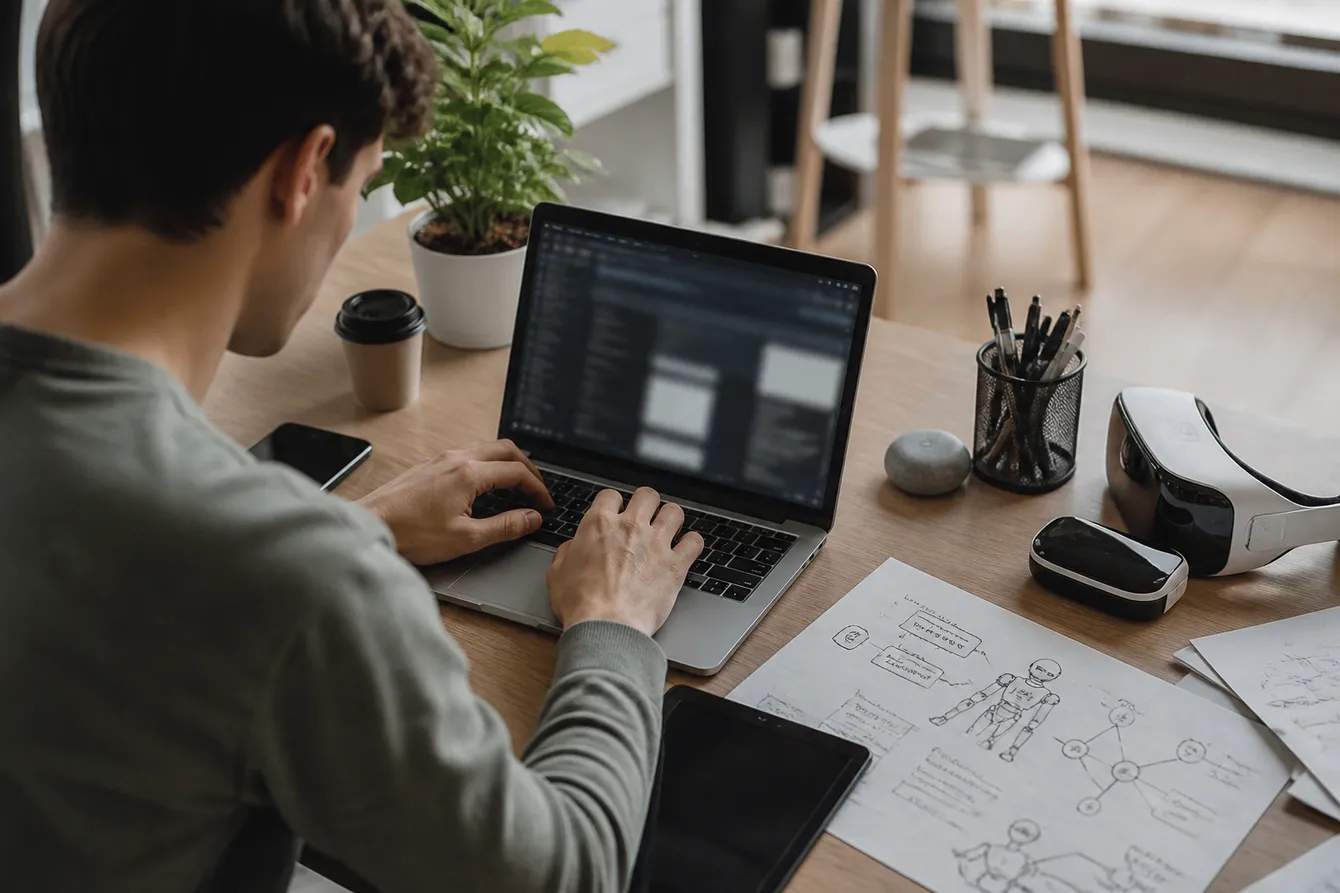 A person engaged in researching dark web AI resources in a bright office environment.