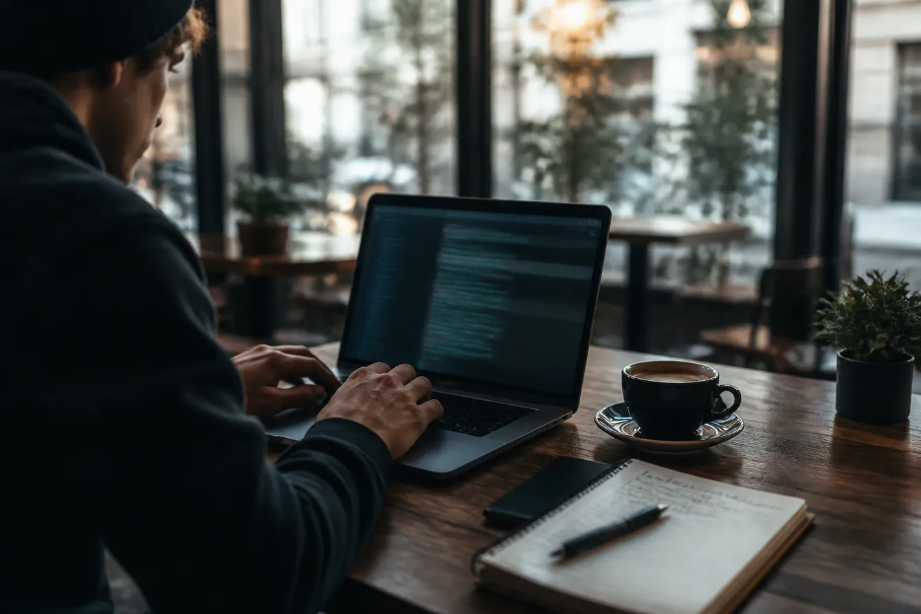 A person in a modern café researching darknet links on a laptop, surrounded by a notebook and coffee.