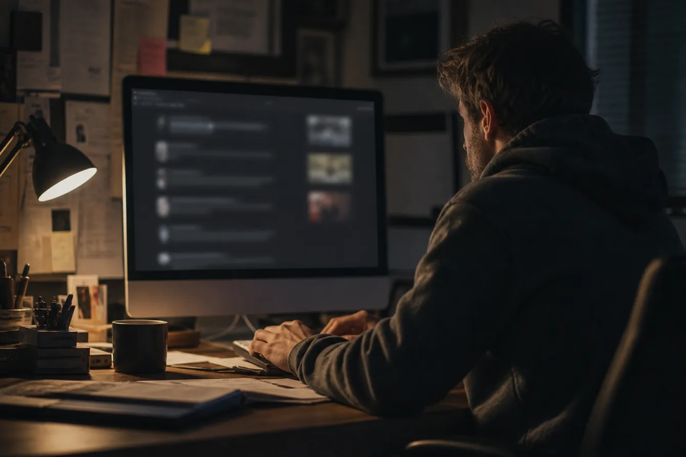 A user examining dark web search engine results on a desktop in a dimly lit room.