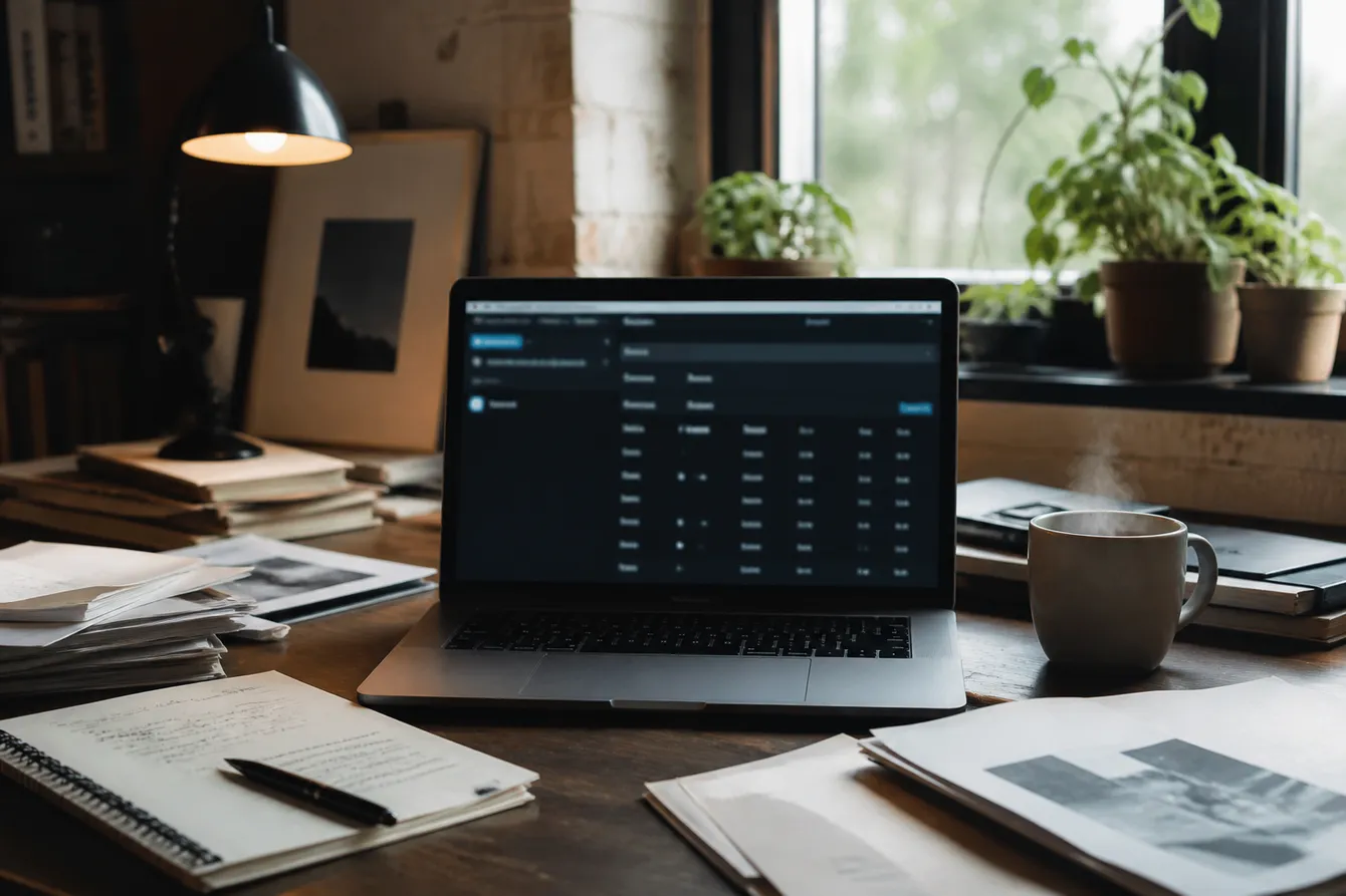 A cozy home office with a laptop open to a deep web database search, documents scattered around.