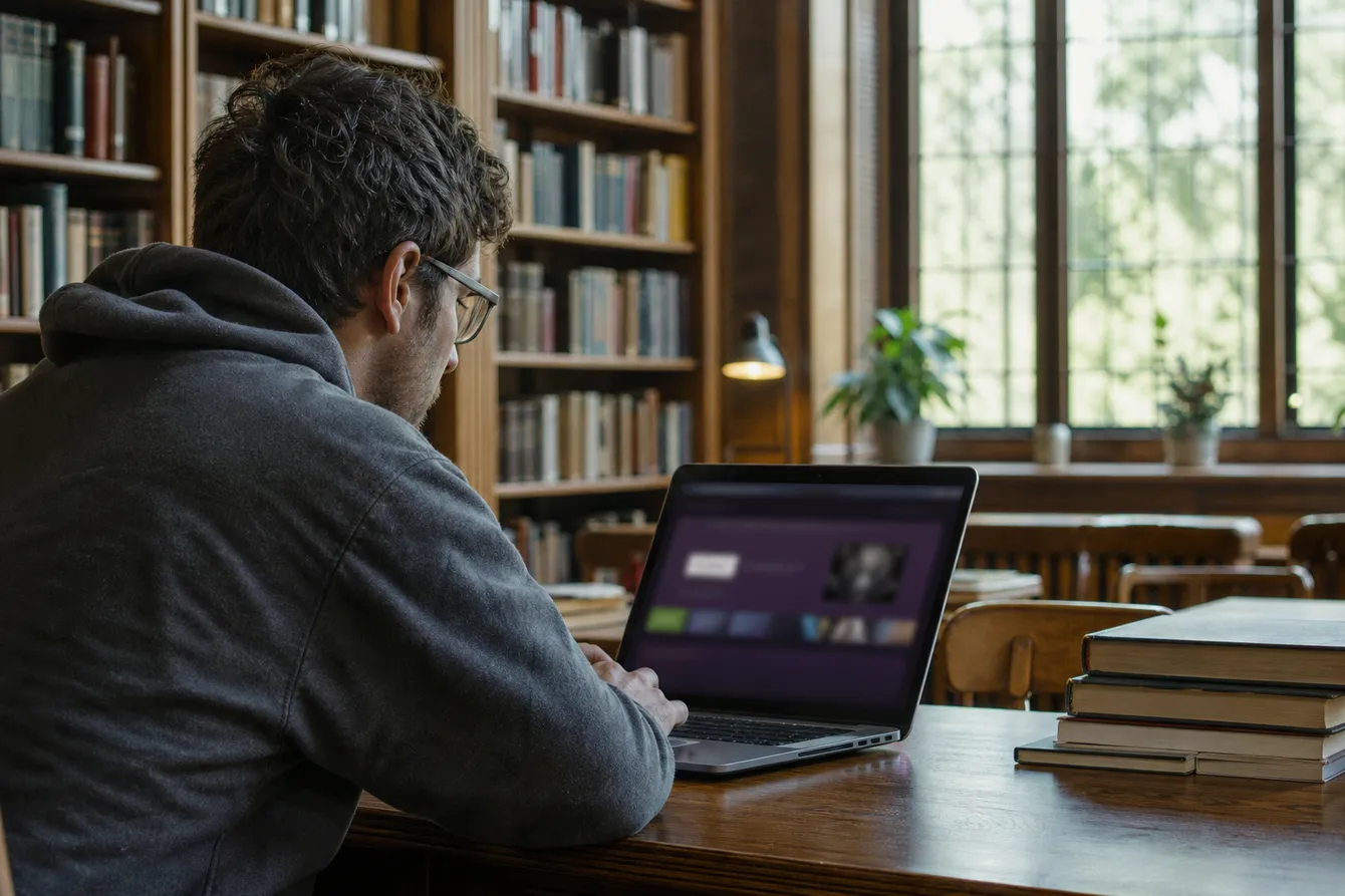 A person using a laptop in a library, exploring Tor resources for safe browsing.