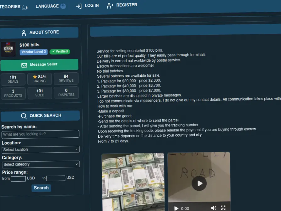 Darknet storefront displaying counterfeit United States dollar bills