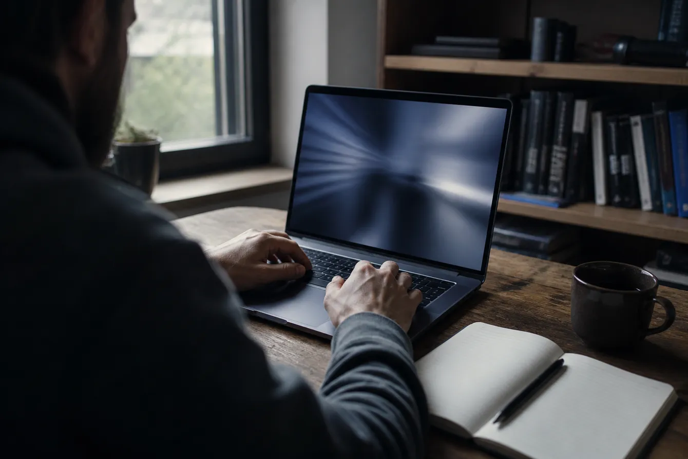 A person using a laptop at a desk, exploring the Torch dark web link with a focus on safety and accessibility.