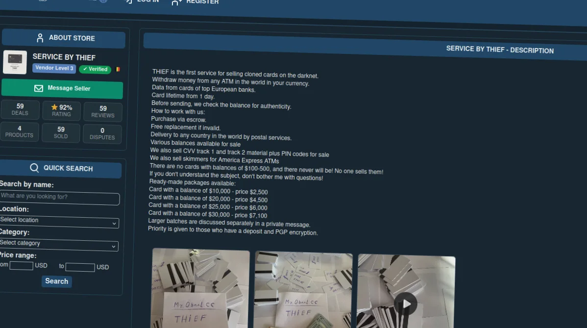 Marketplace interface advertising cloned payment cards