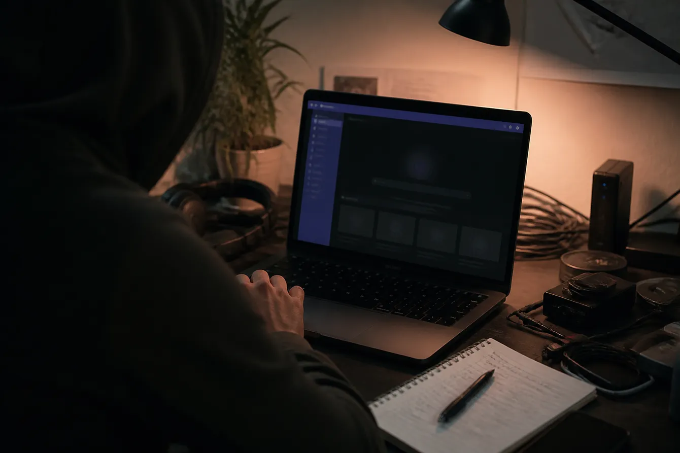 A person focused on navigating the Tor Browser in a dimly lit room filled with tech gadgets.