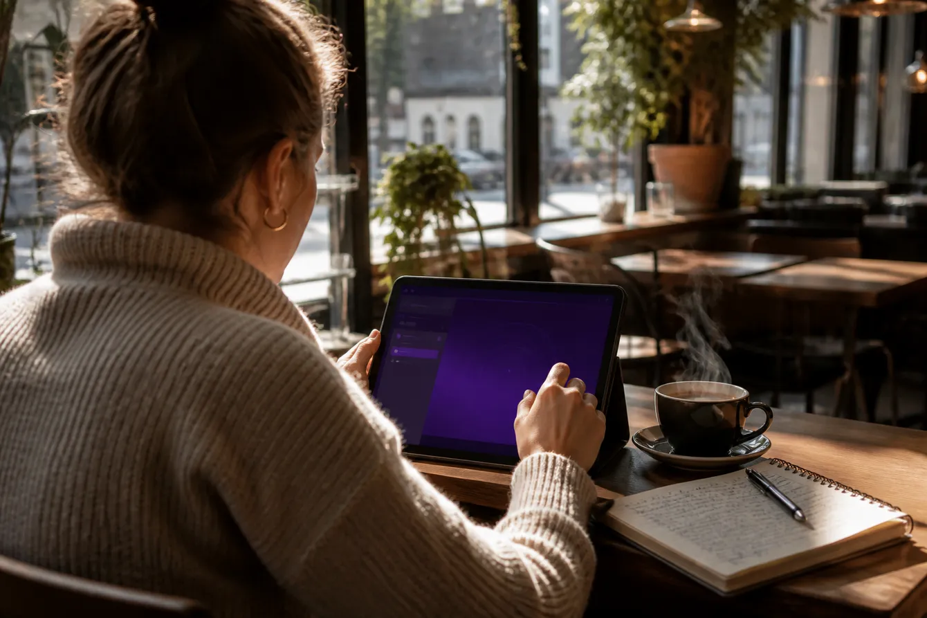 A person using a tablet to access DMD onion links in a bright café setting, emphasizing user-friendly access to hidden content.