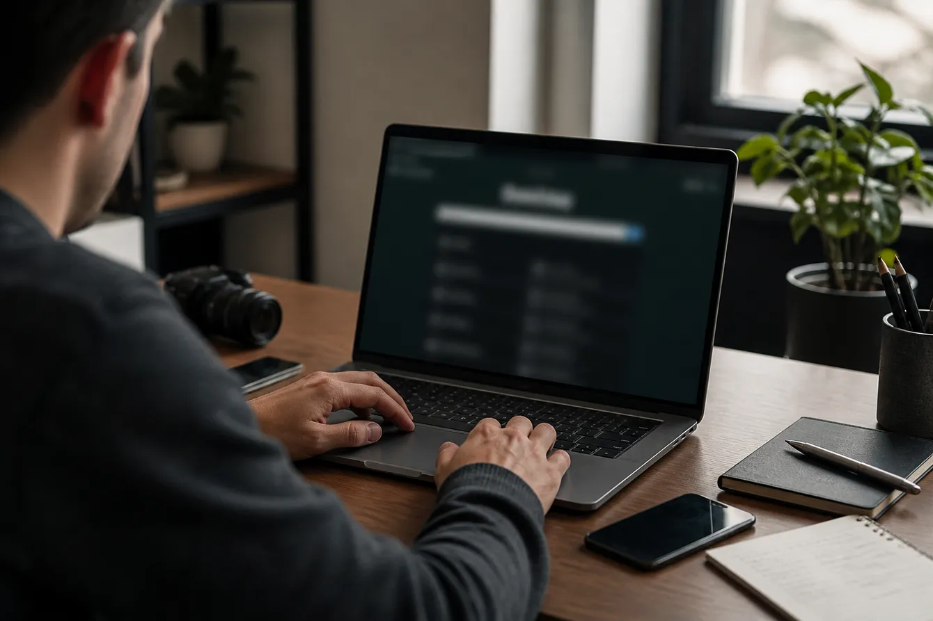 A person examining .onion links on a laptop in a bright, modern workspace, emphasizing safe dark web searching.