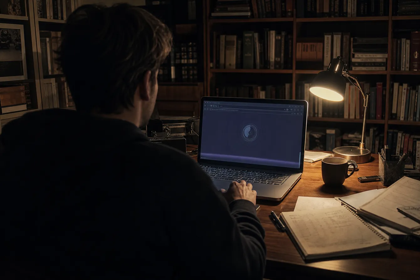 A person intently using a laptop in a study, exploring the Torch onion search engine through Tor Browser.