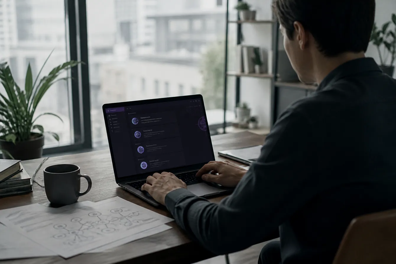 A person examining onion URLs on a laptop amidst a well-lit modern office environment, highlighting the article's focus on dark web navigation.