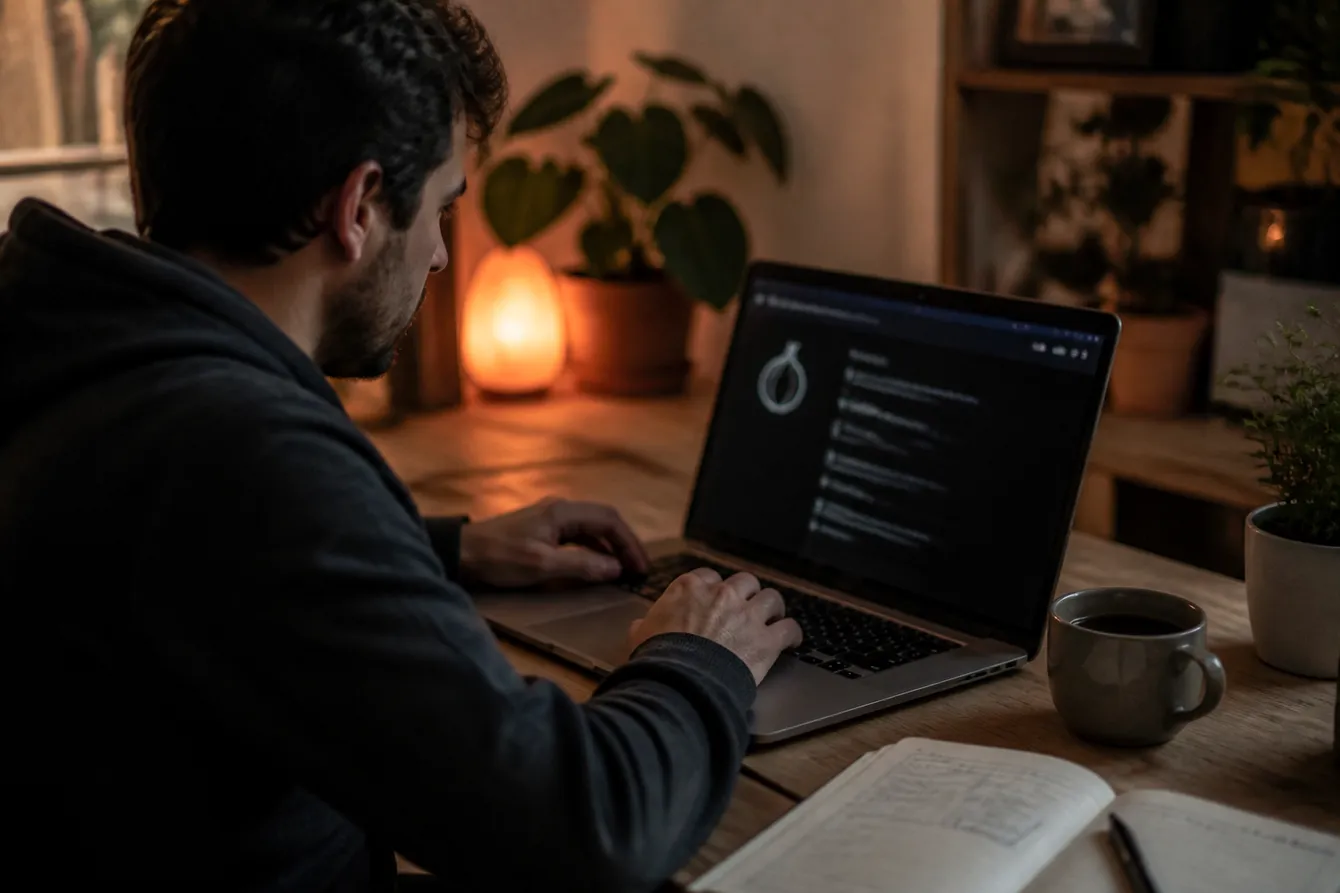 A person navigating Tor search engines on a laptop in a cozy, softly lit room.