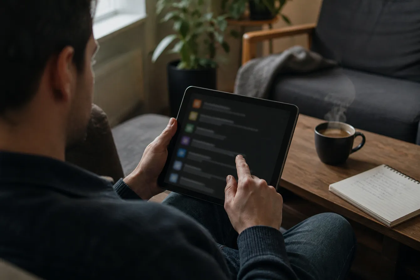 A person engaged in reviewing onion website links on a tablet in a cozy living room, highlighting safe browsing in the dark web.