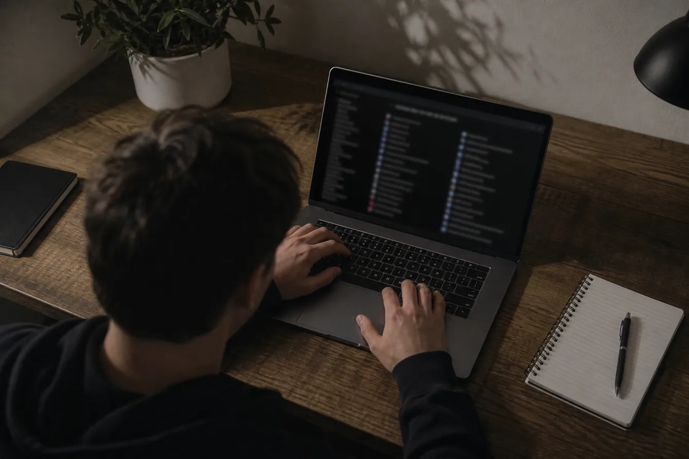 A person navigating The Hidden Wiki on a laptop, surrounded by notes, in a dimly lit room, emphasizing caution.