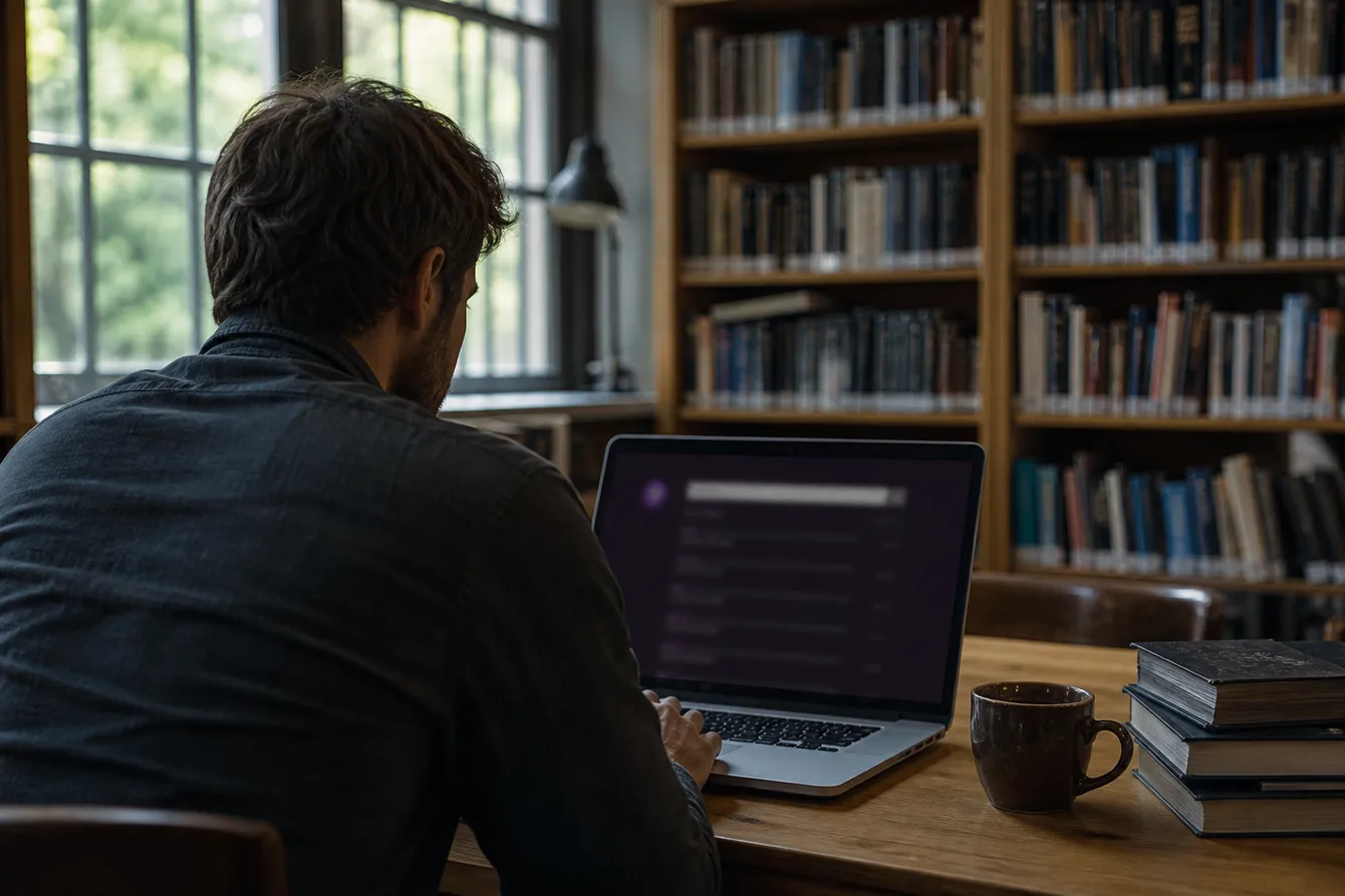 A person focused on researching Tor links in a library setting, highlighting the theme of privacy and digital exploration.