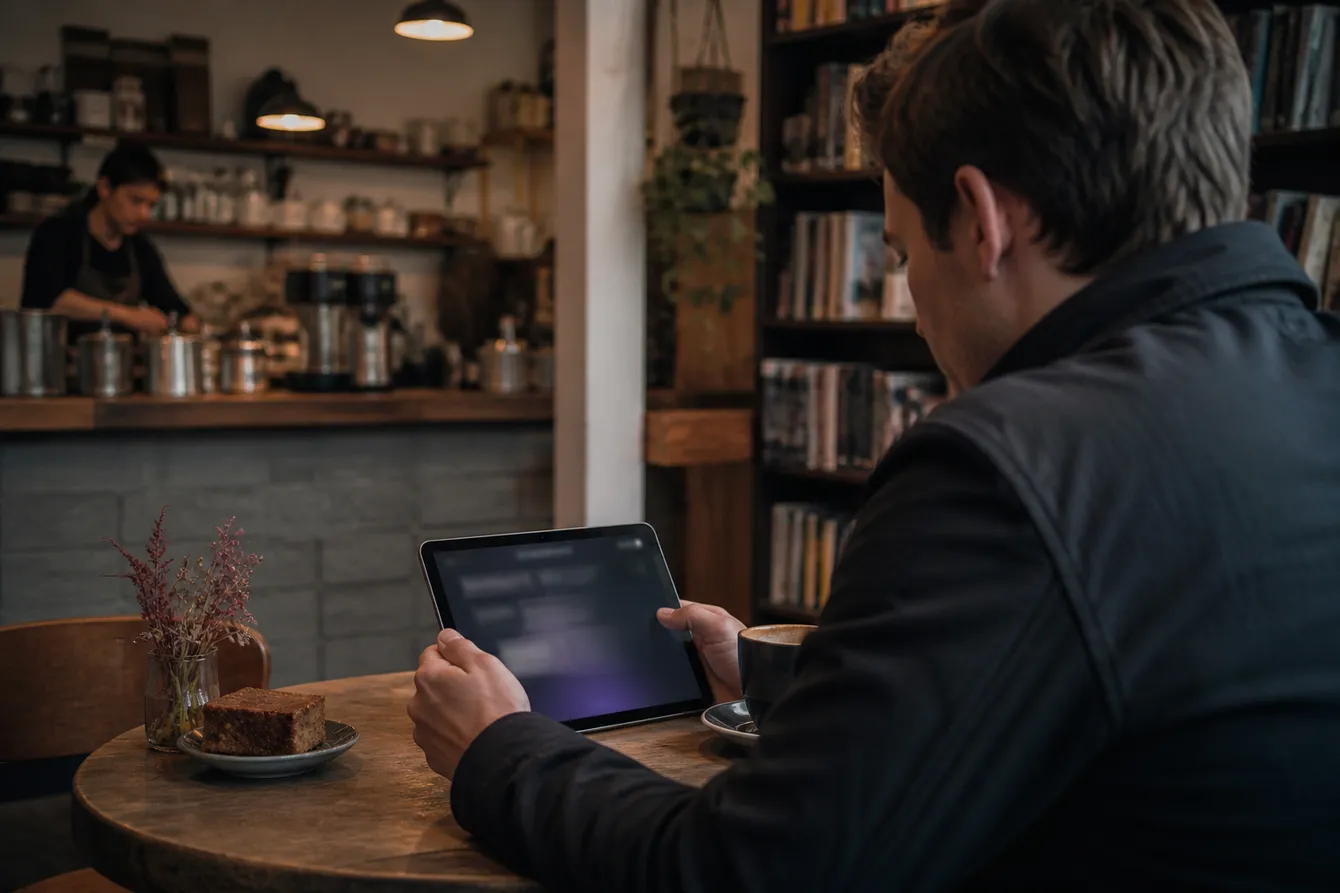 A person exploring legitimate Tor websites on a tablet in a cozy café setting, illustrating safe dark web navigation.