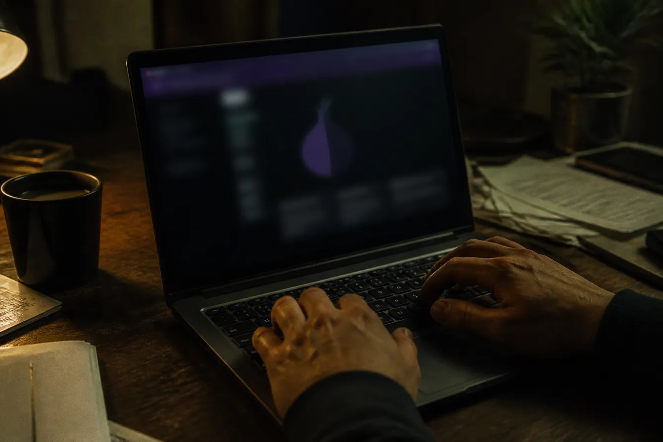 A person using a laptop in a cozy room, accessing the Tor network for dark web browsing.
