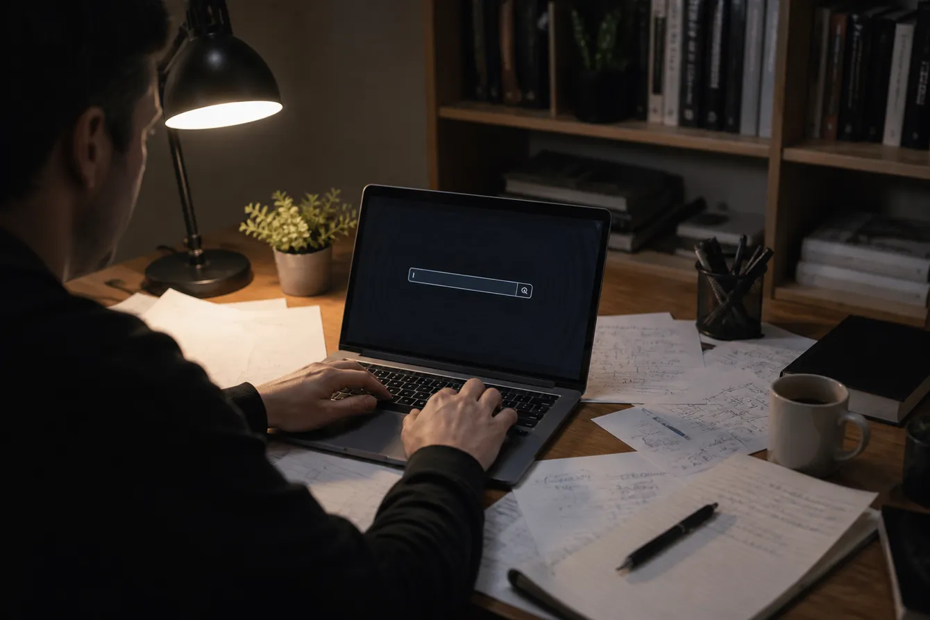 A person examining TorDex search results in a study, highlighting the exploration of dark web resources.