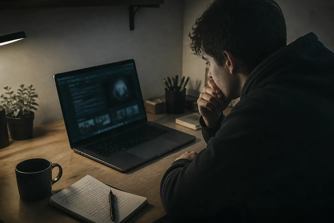 A person engaged with dark web resources on a laptop in a modern workspace, emphasizing safe navigation.